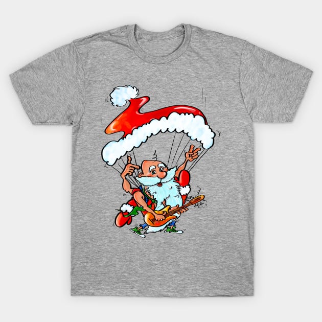 Santa Claus Playing Guitar and Skydiving T-Shirt by Gre.Ta Design